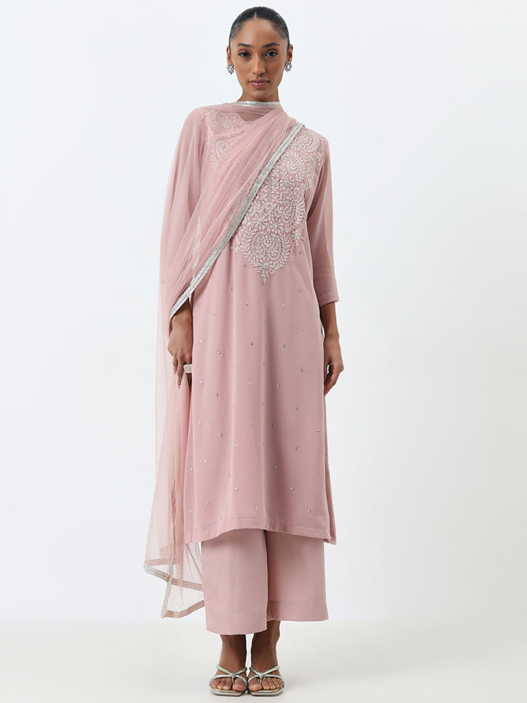 Vark Dusty Pink A-Line Kurta, Pants and Dupatta Set