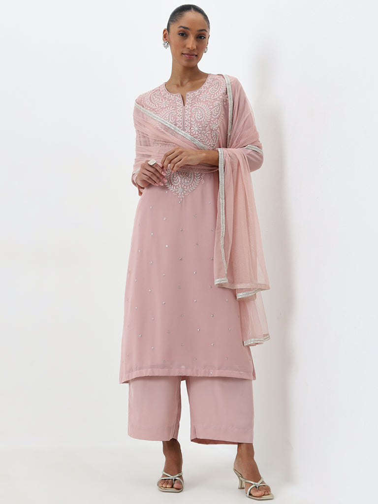 Vark Dusty Pink A-Line Kurta, Pants and Dupatta Set