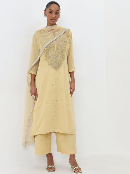 Vark Light Yellow A-Line Kurta, Pants and Dupatta Set