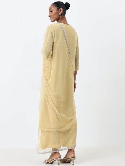 Vark Light Yellow A-Line Kurta, Pants and Dupatta Set