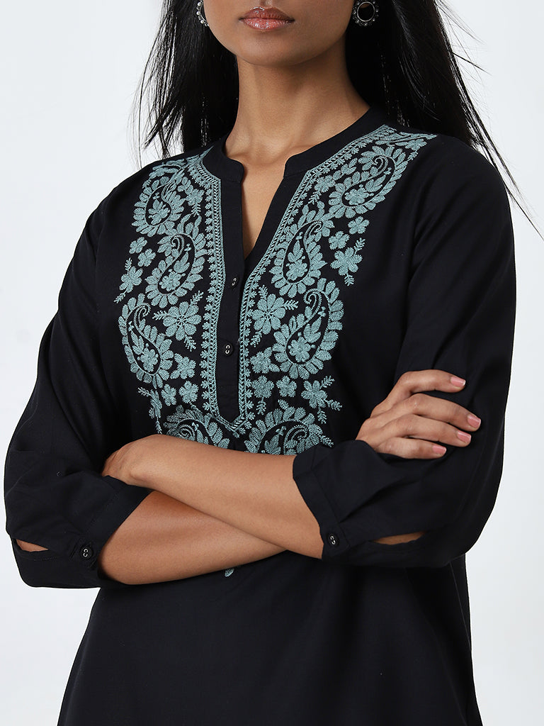 Utsa Black Paisley Embroidered High-Low Kurti