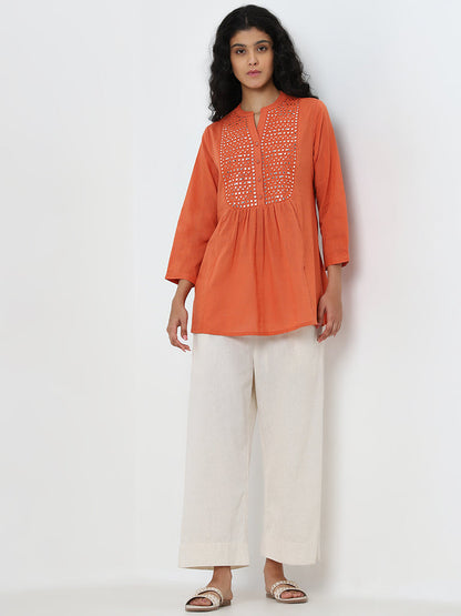 Utsa Orange Mirror Embellished A-Line Kurti