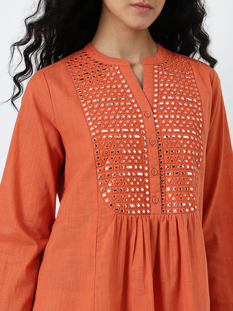 Utsa Orange Mirror Embellished A-Line Kurti