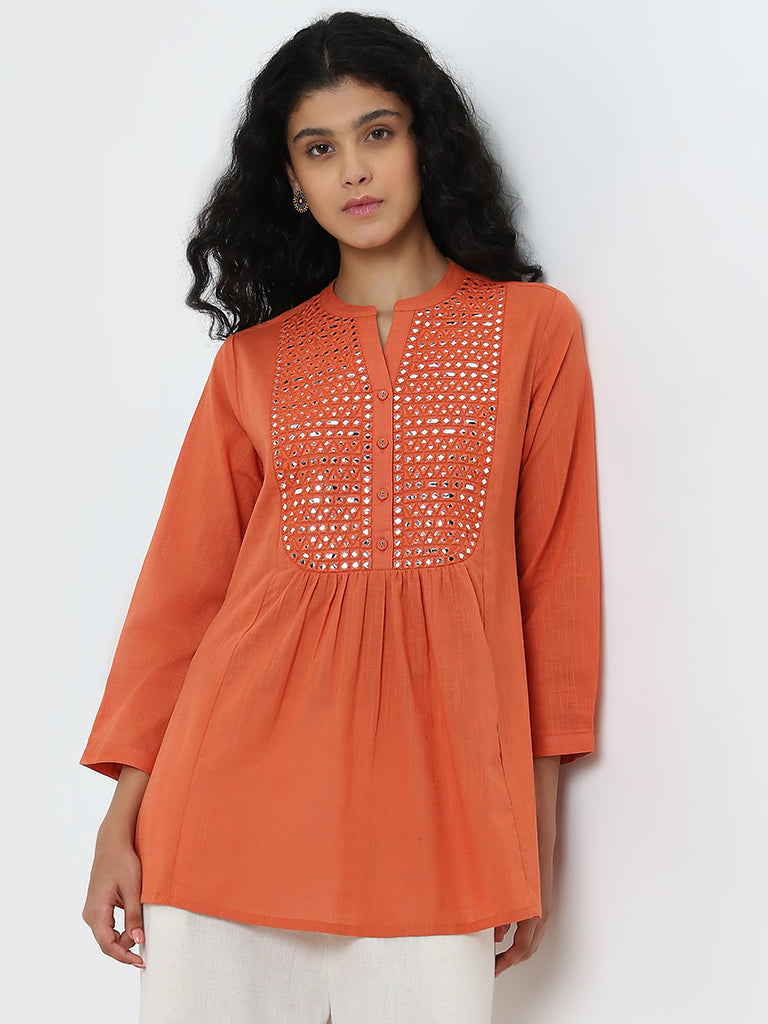 Utsa Orange Mirror Embellished A-Line Kurti