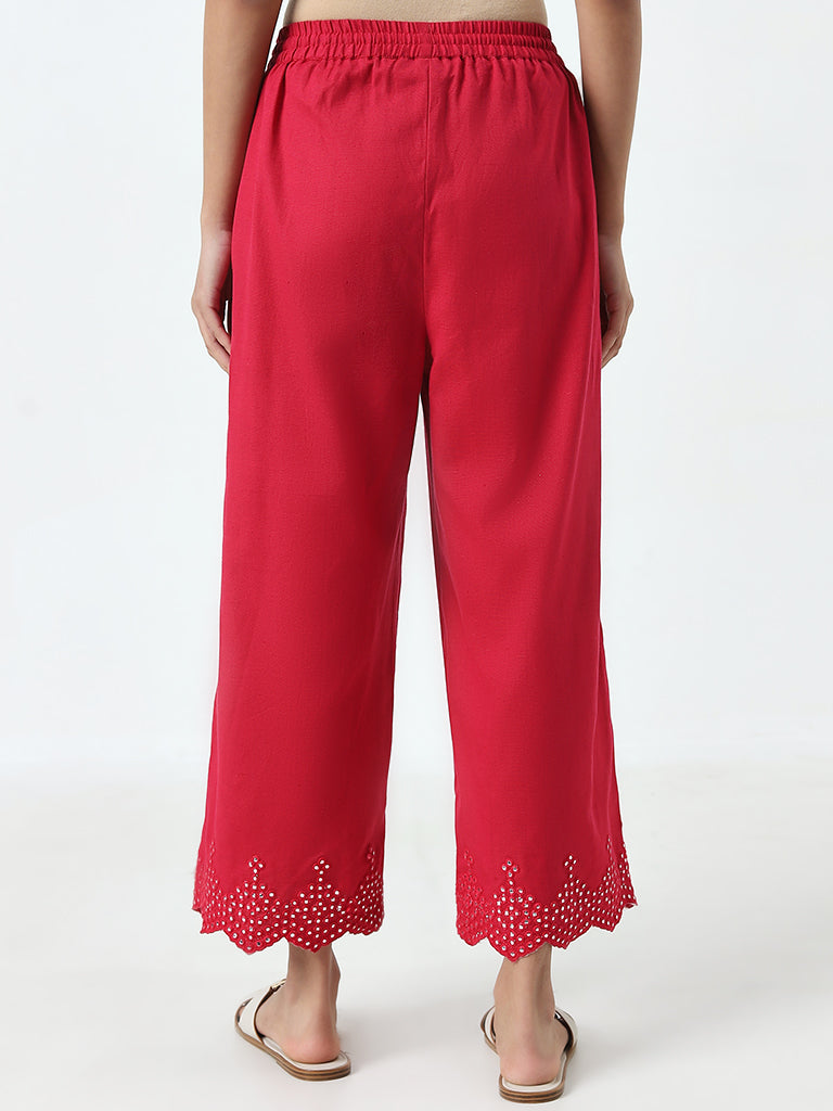 Utsa Fuchsia Embellished High-Rise Cotton Blend Palazzos