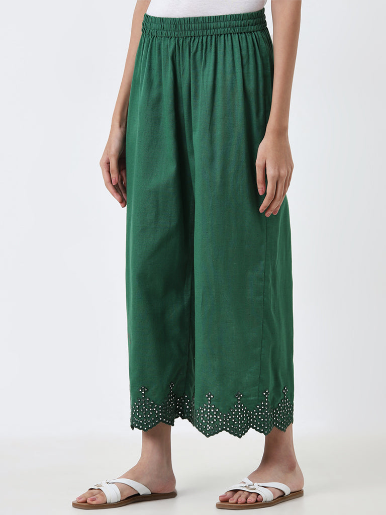 Utsa Dark Green Embellished High-Rise Cotton Blend Palazzos