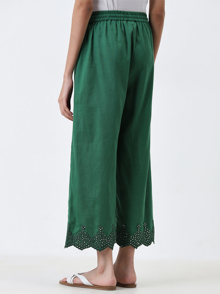 Utsa Dark Green Embellished High-Rise Cotton Blend Palazzos