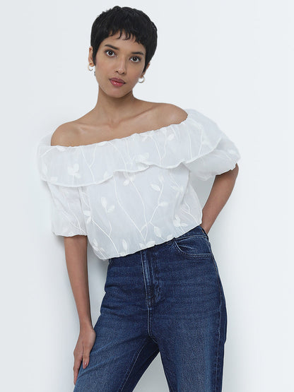 LOV White Floral Embroidered Off-Shoulder Top