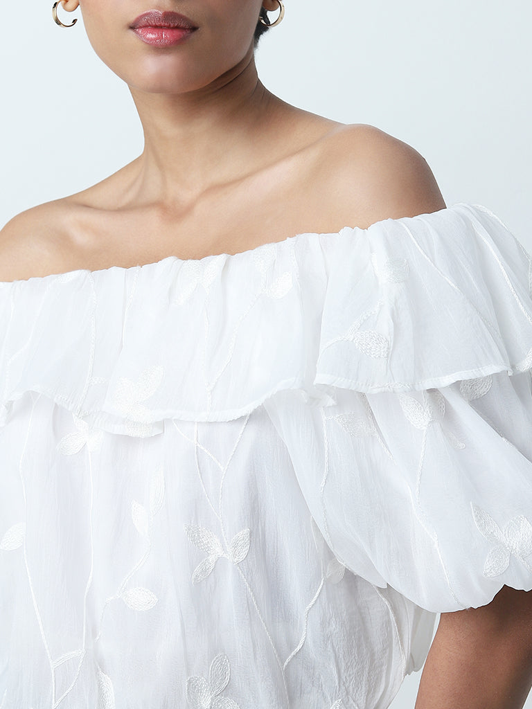 LOV White Floral Embroidered Off-Shoulder Top