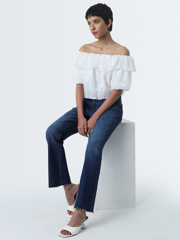 LOV White Floral Embroidered Off-Shoulder Top