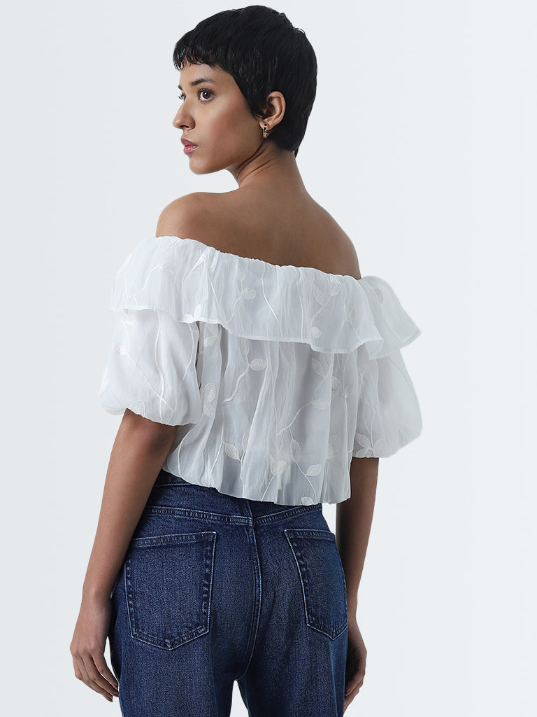 LOV White Floral Embroidered Off-Shoulder Top