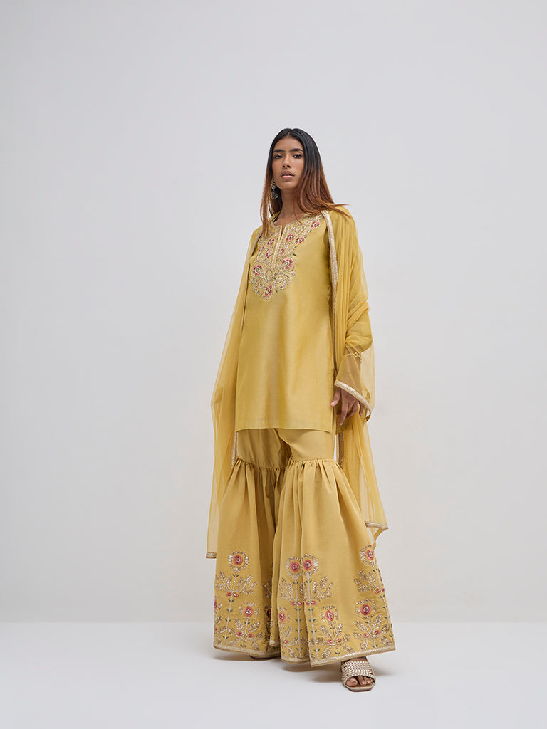 Vark Yellow Embellished Kurti, Sharara and Dupatta Set