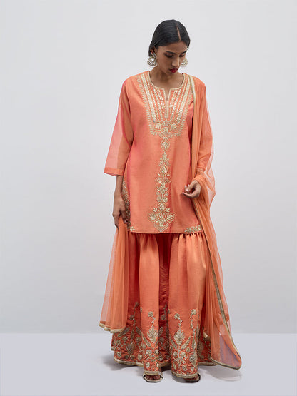 Vark Peach Embellished Kurti, Sharara and Dupatta Set