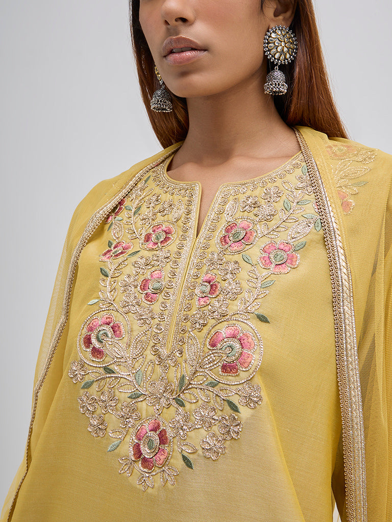 Vark Yellow Embellished Kurti, Sharara and Dupatta Set