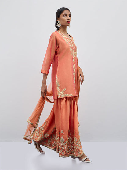 Vark Peach Embellished Kurti, Sharara and Dupatta Set