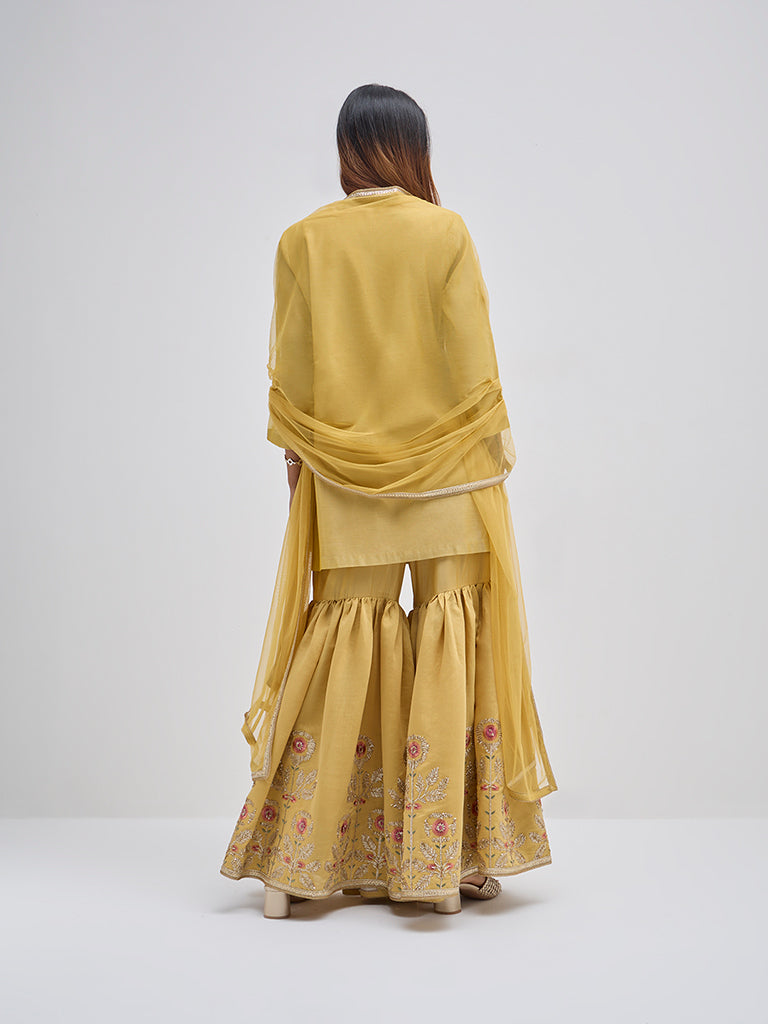 Vark Yellow Embellished Kurti, Sharara and Dupatta Set