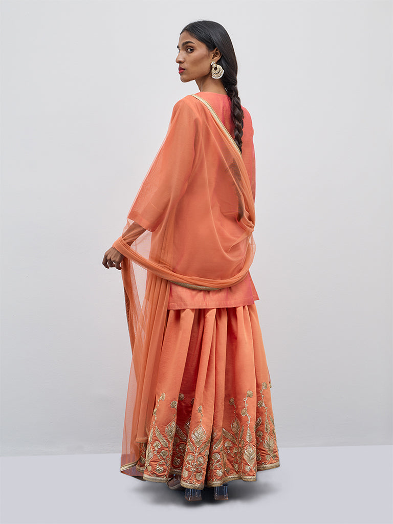 Vark Peach Embellished Kurti, Sharara and Dupatta Set