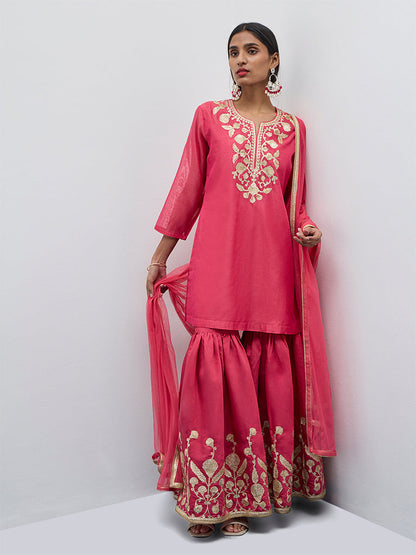 Vark Pink Embroidered Straight Kurti, Sharara & Dupatta Set