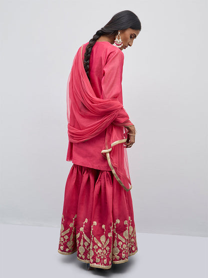 Vark Pink Embroidered Straight Kurti, Sharara & Dupatta Set