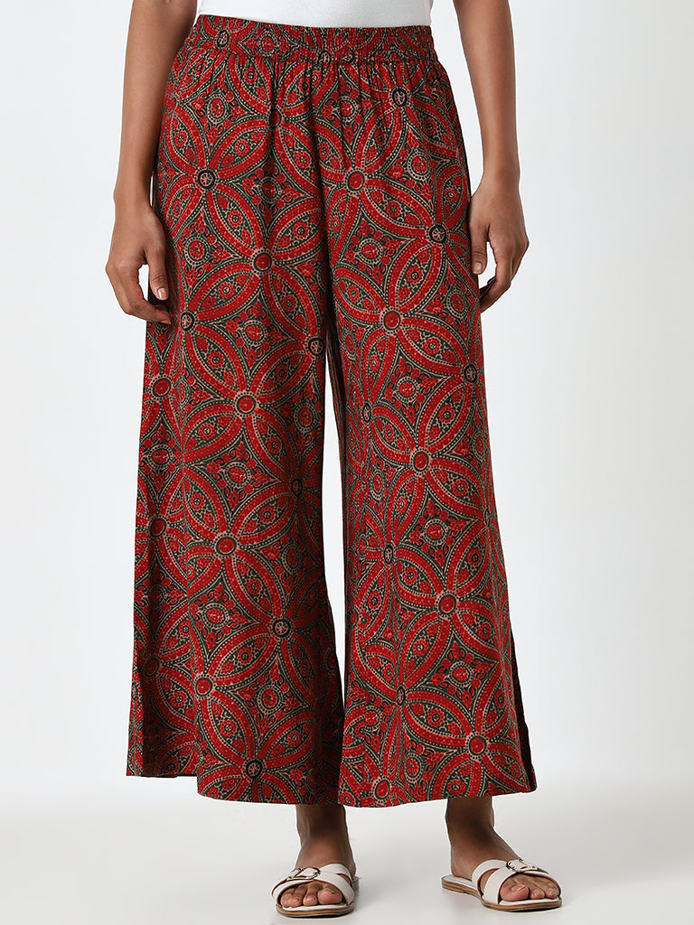 Utsa Maroon Printed High-Rise Palazzos