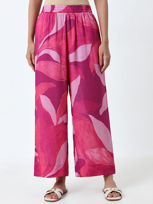 Utsa Fuchsia Leaf Printed High-Rise Palazzos