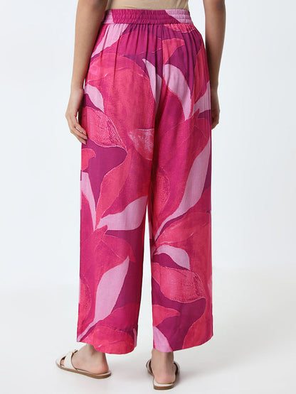 Utsa Fuchsia Leaf Printed High-Rise Palazzos