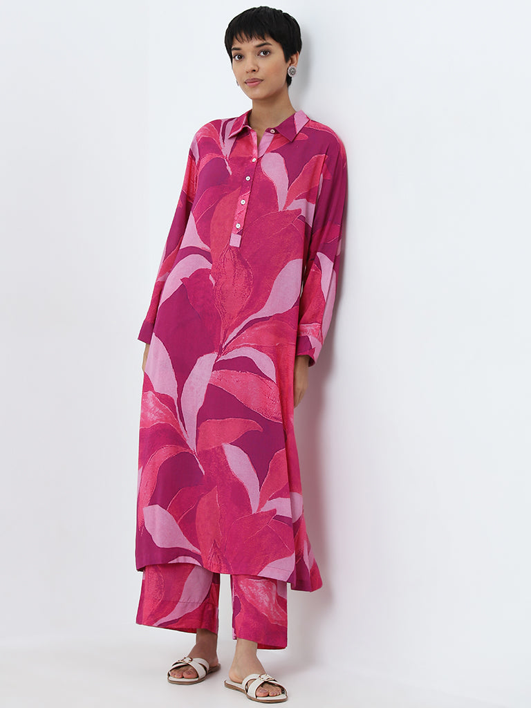 Utsa Fuchsia Leaf Printed High-Rise Palazzos