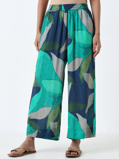 Utsa Aqua Leaf Printed High-Rise Palazzos