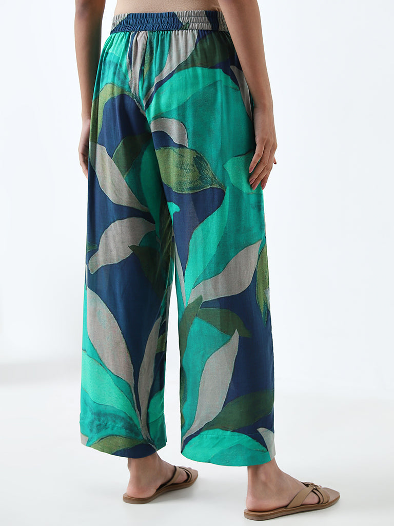 Utsa Aqua Leaf Printed High-Rise Palazzos