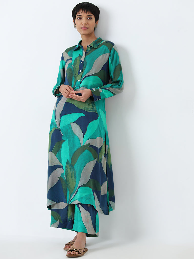 Utsa Aqua Leaf Printed High-Rise Palazzos