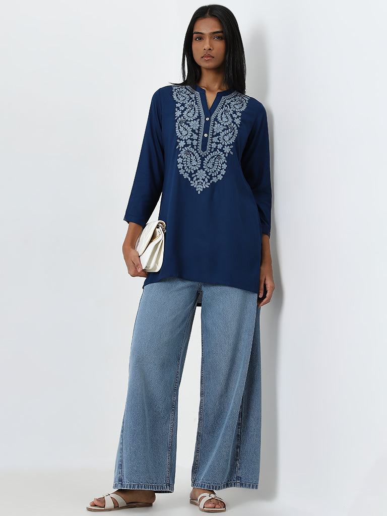 Utsa Dark Blue Paisley Embroidered High-Low Kurti