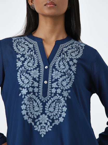 Utsa Dark Blue Paisley Embroidered High-Low Kurti