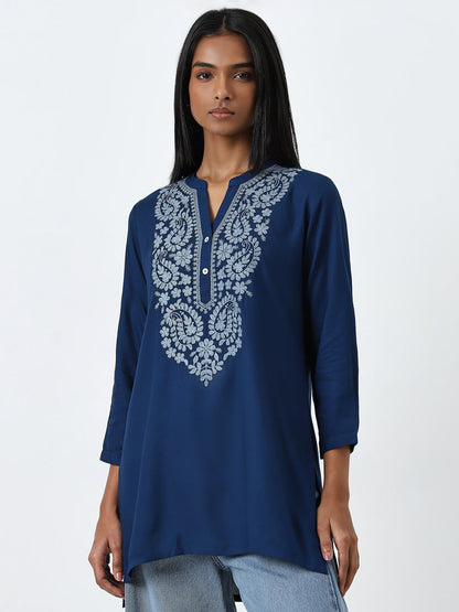 Utsa Dark Blue Paisley Embroidered High-Low Kurti