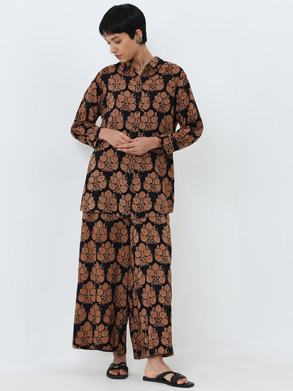 Utsa Brown Foliage Printed High-Rise Palazzos