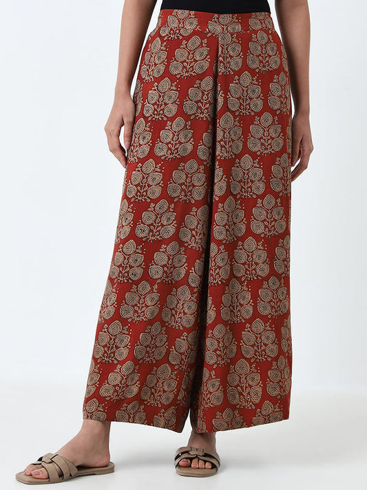 Utsa Dusty Red Leaf Printed High-Rise Palazzos