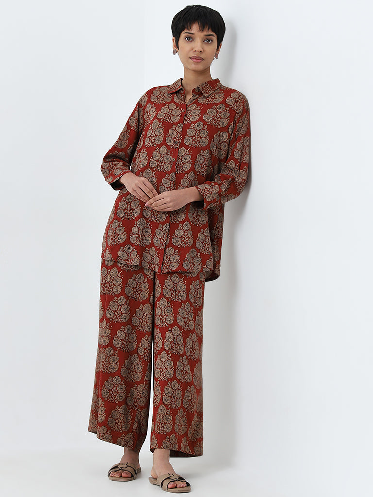 Utsa Dusty Red Leaf Printed High-Rise Palazzos