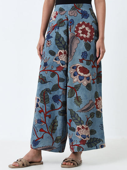 Utsa Dusty Blue Floral High-Rise Palazzos