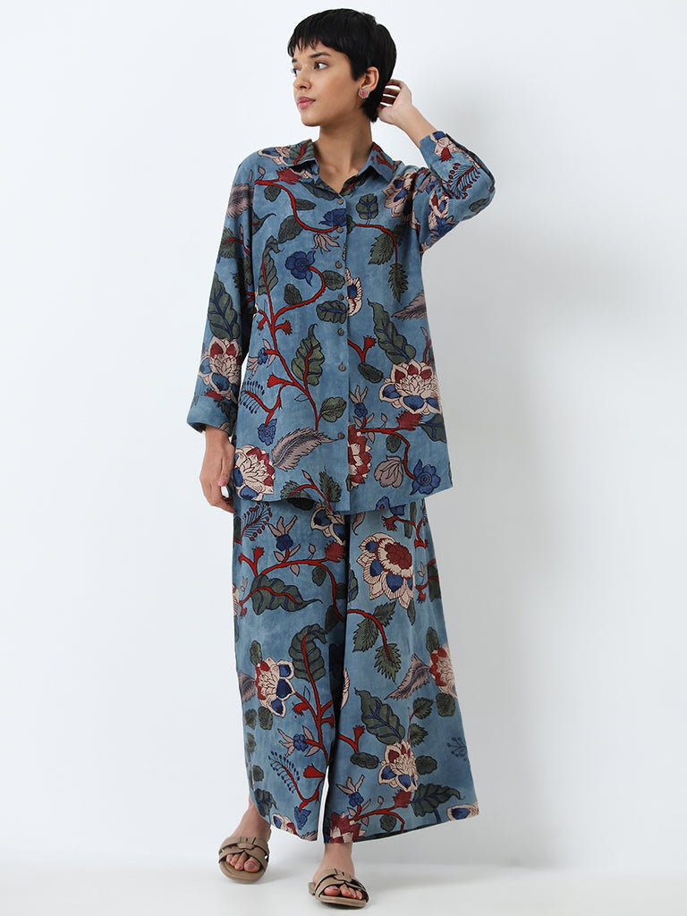 Utsa Dusty Blue Floral High-Rise Palazzos