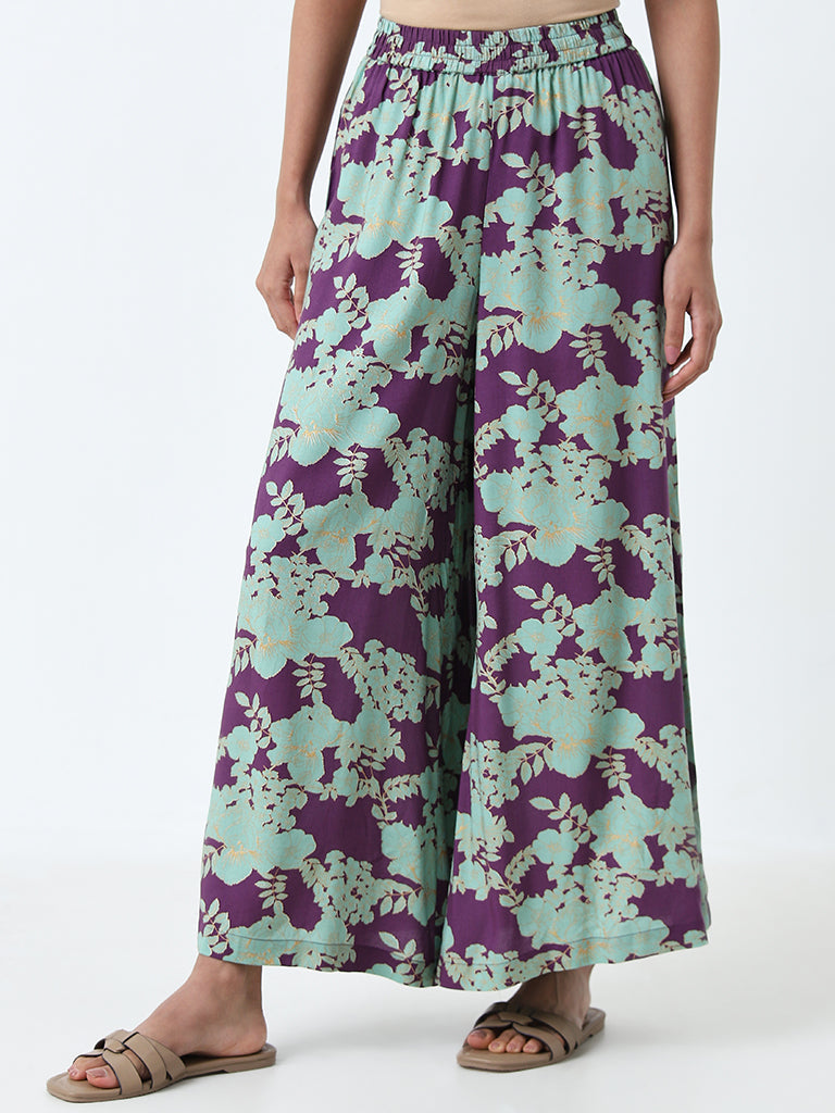 Utsa Purple Floral Design High-Rise Palazzos