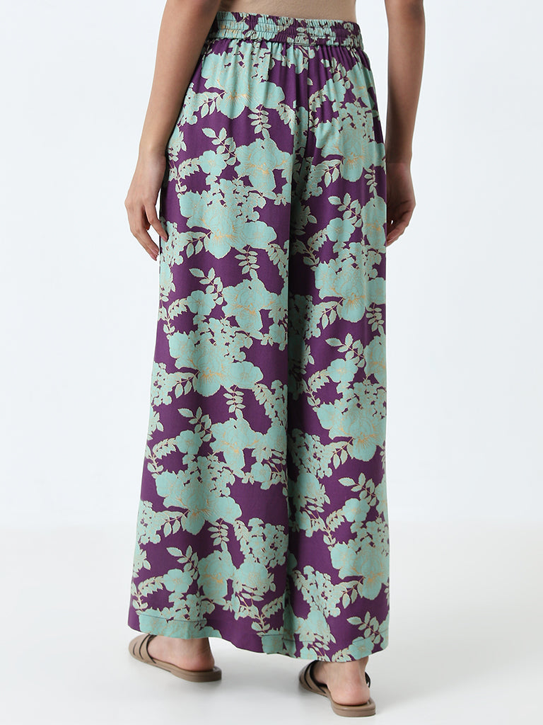 Utsa Purple Floral Design High-Rise Palazzos