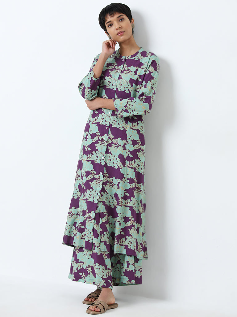 Utsa Purple Floral Design High-Rise Palazzos