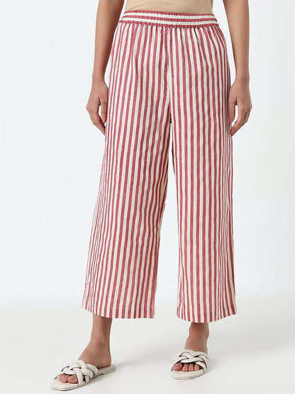 Utsa Red Stripe Printed High-Rise Cotton Blend Palazzos