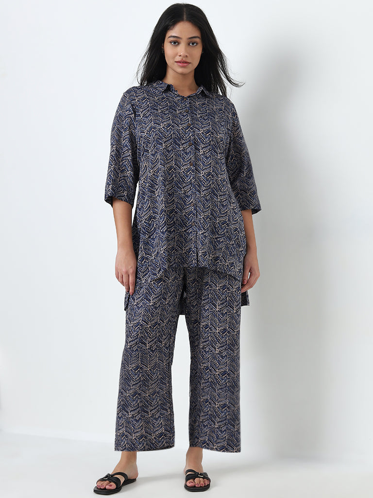 Diza Indigo Leaf Printed High-Low Tunic