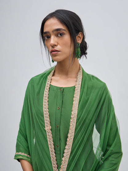 Vark Green Solid A-Line Kurta, Pants and Dupatta Set