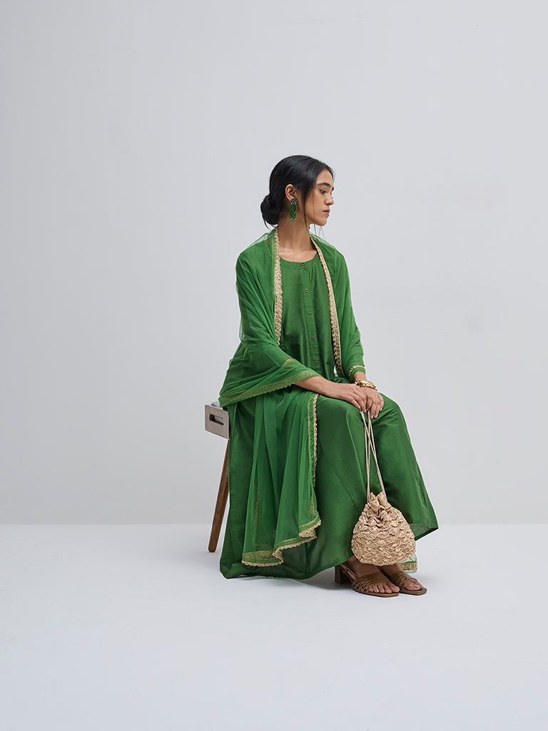 Vark Green Solid A-Line Kurta, Pants and Dupatta Set