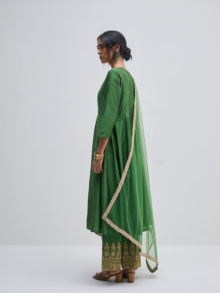 Vark Green Solid A-Line Kurta, Pants and Dupatta Set