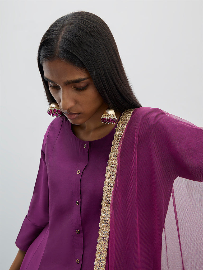 Vark Purple Solid A-Line Kurta, Pants and Dupatta Set