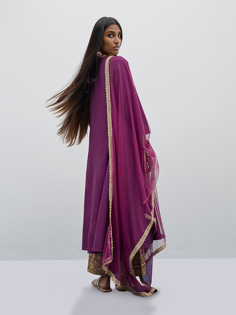 Vark Purple Solid A-Line Kurta, Pants and Dupatta Set