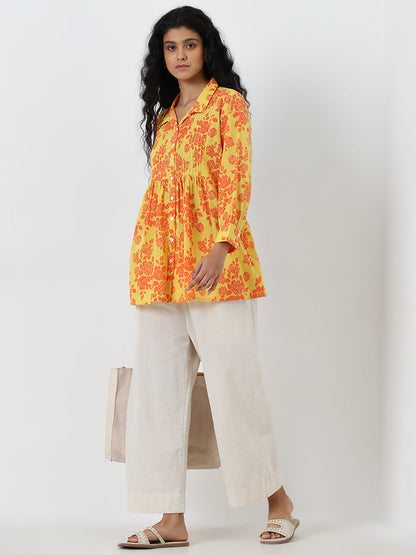 Utsa Yellow Rose Design Fit-and-Flare Cotton Kurti