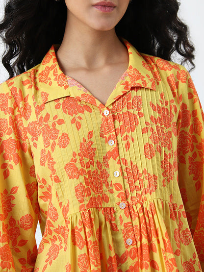 Utsa Yellow Rose Design Fit-and-Flare Cotton Kurti